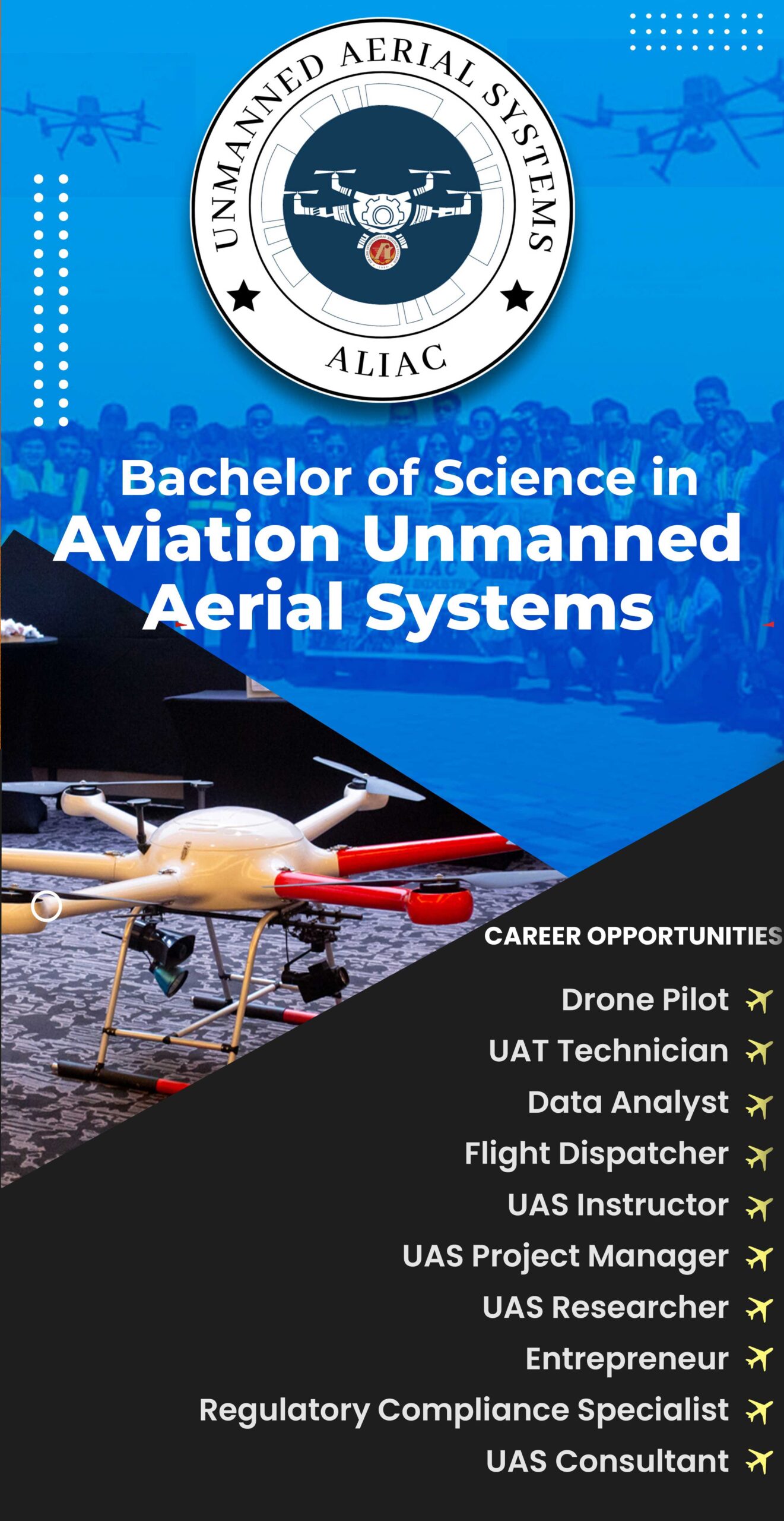 ALIAC - Air Link International Aviation College Marketing banner for BS Aviation Unmanned Aerial Systems